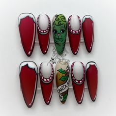 The Grinch nail art Cartoon Christmas Nail Art, Retro Christmas Nail Art, Christmas Pop Art Nails, Pop Art Christmas Nails, A Christmas Story Nails, Tacky Christmas Nails, Christmas Cartoon Nails, Easy Grinch Nails, Cartoon Christmas Nails