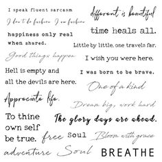 some handwriting written in different languages on white paper with the words breathe and love above them