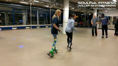 a group of people riding skateboards in an indoor area with text that reads soulful fitness roller skating