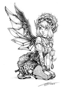 Fae Drawings, Steampunk Coloring, Anime Coloring Pages, Steampunk Fairy, Adult Colouring Pages, Fairy Coloring Pages, Fairy Tattoo