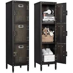 two metal lockers with baskets and books on them, one is open to the other side