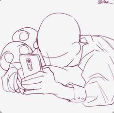 a drawing of a person holding a cell phone in their hand and looking at the screen