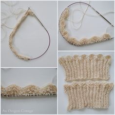 four pictures showing how to make a knitted headband