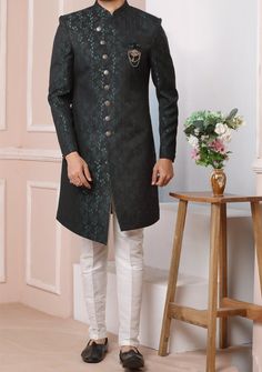 Men's Indo Western Party Wear Sherwani Suit - db20465 Traditional Green Unstitched Suit For Formal Occasions, Green Traditional Unstitched Suit For Formal Occasions, Fitted Traditional Wear For Formal Occasions, Green Bandhgala For Formal Occasions, Fitted Formal Traditional Wear, Green Straight Kurta For Formal Occasions, Formal Green Kurta With Dupatta, Formal Green Sherwani With Cutdana, Formal Fitted Traditional Wear For Diwali