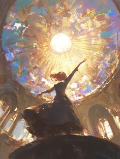 a painting of a woman standing in front of a stained glass dome with her arms outstretched