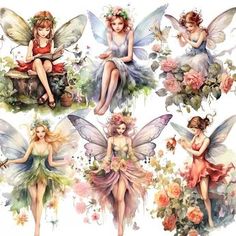 four beautiful fairy girls with flowers and butterflies