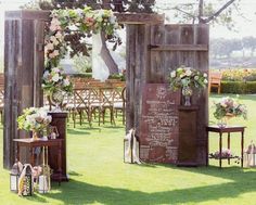 an outdoor ceremony set up with chairs and flowers