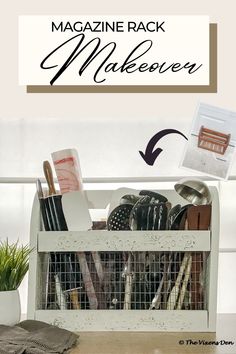 a white basket filled with kitchen utensils on top of a wooden table