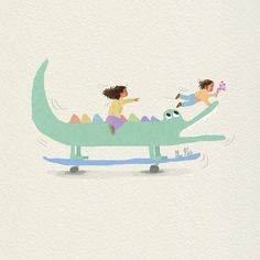 two children riding on top of an alligator with another child in the back and one holding a toy