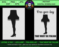 an image of the legs and leg lamp in different colors, with text that reads fra - ge - lay