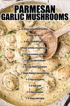 the recipe for parmesan garlic mushrooms in a skillet