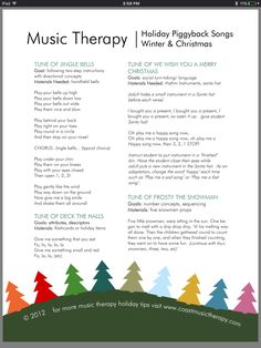 an image of christmas music therapy sheet with trees in the background and words on it