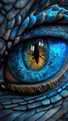 an eye with blue and yellow colors is shown in this close up photo from the eyes of a dragon