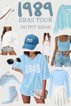 an advertisement for the 1989 eras tour outfit ideas, including blue tops and shorts with white shoes