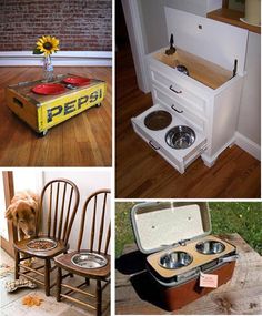 there are four different pictures with dog bowls in the same box, and one has an open pet bowl on it