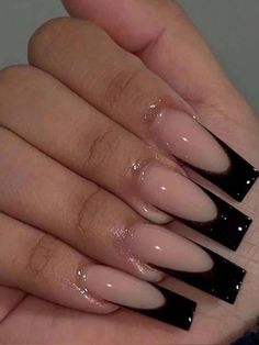 Black Press On Nails Ideas, Black Acrylic Nails Ideas Square, Light Black Nails, Black Nails Acrylic French Tips, Gel X Black Nails, Basic Y2k Nails, Ig Baddie Nails, Black Latina Nails, Black French Tip Nails Long