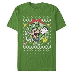 Now gamers can get in the holiday spirit with the Nintendo Luigi Wreath Ugly Sweater Men's Tee! Shop festive holiday graphic tees featuring Mario, Donkey Kong, Link, Zelda, and all your favorite Nintendo characters. Size: small. Color: kelly green. Gender: male. Age Group: adult. Pattern: Fictitious Character. Material: Cotton. Super Mario Luigi, Super Mario And Luigi, Holiday Graphic Tees, Mario Luigi, Nintendo Characters, Link Zelda, Effortless Fashion, Mario And Luigi, Wreath Christmas