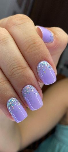 Lavender Dip Nails, Purple Glitter Nails Acrylic, Lavender Gel Nails, Rave Nails, Dip Nails, Finger Nails, Cute Gel Nails, Sparkle Nails