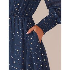 Adorned with a celestial star print, this dress is perfect for those who want to shine bright at casual gatherings or special occasions. Featuring puff long sleeves that add a touch of sophistication, this midi dress is designed to make a statement while offering comfort and style. Crafted from breathable fabric, this dress offers both flexibility and ease of movement, ideal for all-day wear. The mesh detailing adds a hint of elegance and texture, adding a modern twist to a classic design. Perfe Dress Dark Blue, Sleeve Packaging, Puff Long Sleeves, Glitter Stars, Pleated Midi Dress, Long Sleeve Midi, Long Sleeve Midi Dress, Boho Women, Boho Floral