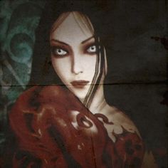 a painting of a woman with dark hair and blue eyes, wearing a red shawl