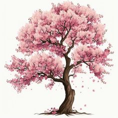 a pink tree with lots of leaves on it's branches is shown in this drawing