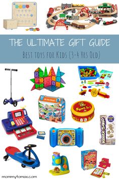 the ultimate gift guide for boys and girls with toys in it, including toy cars, train