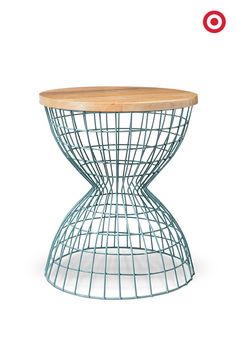 a table with a wooden top and metal mesh design on the bottom, against a white background