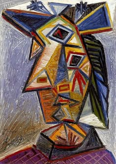 an abstract painting of a man's face in multicolored lines and shapes