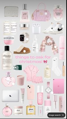 a poster with the words things to ask for christmas in pink, white and grey