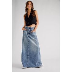 New Free People We The Free Come As You Are Denim Maxi Skirt Heavyweight, Non-Stretch Denim Frayed Hem Button Closure And Zip Fly Slant Hip Pockets And Patch Back Pockets 100% Cotton Unlined Wash Cold Imported, Turkey Length: 39.5 In Approx. Fitted Denim Skirt, Vintage Denim Skirt, Womens Denim Skirts, High Waist Long Skirt, Blue Jean Skirt, Long Denim Skirt, Trendy Skirts, Denim Skirt Women, Denim Maxi