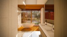 a bathroom with a bathtub, sink and wooden slats on the wall next to it