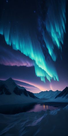 the aurora bore is shining brightly in the night sky over snow covered mountains and lake