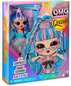 two dolls are shown in the packaging for this toy set, one has blue hair and the other is pink