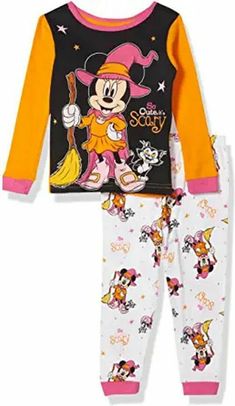 Your Minnie fan will be sure to love this fun Halloween pajama set! Features Minnie in her Witch Halloween costume with adorable Figaro by her side. A roomy rib-knit collar in pretty pink and long orange sleeves. Coordinating print pajama pants with an elasticized waistband for a custom fit. Of a soft and cozy cotton fabric, to be worn snug-fitting.   Paypal Payments Accepted.   All purchases are mailed out within 2 business days of receipt of payment. Playful Orange Long Sleeve Sleepwear, Cute Long Sleeve Character Print Sleepwear, Cute Long Sleeve Sleepwear With Character Print, Playful Cartoon Print Sets For Fall, Long Sleeve Multicolor Sleepwear With Character Print, Playful Orange Sleepwear For Sleepovers, Cute Halloween Pajama Party Sleepwear, Cute Long Sleeve Halloween Sleepwear, Cute Fall Sleepwear