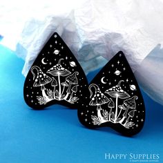 "Black Acrylic Charms are printed with white Mushroom, and they are a great addition to any DIY earrings as well as any jewelry findings. Acrylic Pendants are black tone and shaped like a door, perfect for making earrings, necklace or any other handmade jewelry project. a) Quantity: see option b) Size: About 40.42mmx47mm；thick : 3mm c) Material: Acrylic d) Design Preview:  https://www.etsy.com/hk-en/shop/happysupplies/search?search_query=Acrylic More inform please visit \"Shop Policies\". Happy Unique Hand Painted Black Earrings, Whimsical Dangle Earrings With Mushroom Design, Handmade Black Moon-shaped Earrings, Black Acrylic Earrings, Occult Earrings, Whimsical Mushroom-shaped Earrings For Gifts, Acrylic Charms, Black Acrylics, Acrylic Earrings