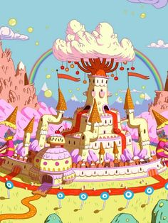 an animated castle in the middle of a landscape