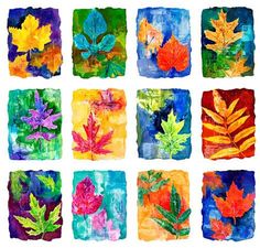 nine watercolor leaves are arranged in squares