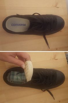 two pictures of someone's black shoes with a shoe brush in their shoelaces