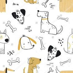 seamless pattern with dogs and bones on the white background, suitable for wallpaper or fabric