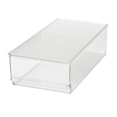 a clear plastic storage box on a white background