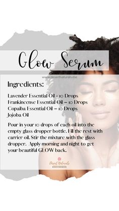 Glow Serum Recipe with essential oils for beautiful glowing skin. Make this homemade diy facial serum recipe instead of buying synthetic face serum.  Easy to make and inexpensive.  Get your GLOW back with pure, natural essential oils in your own DIY face serum.  Lavender, Frankincense, and Copaiba essential oils in a base of Jojoba carrier oil will moisturize your skin on your face.  Use tea tree in your serum if you have oily skin, acne, or blemishes. Apetaminsyrup Results, Homemade Face Serum, Face Serum For Glowing Skin, Facial Serum Diy, Serum For Glowing Skin, Serum Recipe, Natural Face Serum, Copaiba Essential Oil