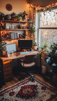 a home office with plants and lights on the windowsill