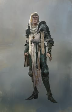 a woman dressed in armor standing on a foggy surface