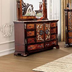 an ornately decorated dresser and mirror in a living room