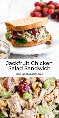 a chicken salad sandwich on a white plate with grapes in the background and text overlay that reads jackfruit chicken salad sandwich