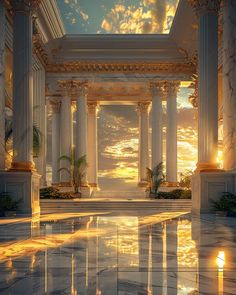 an empty room with columns and pillars at sunset