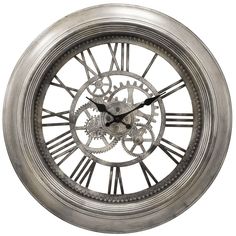 a large metal clock with gears on it's face is shown against a white background