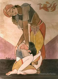 a painting of two women with one holding the other's head and another kneeling down