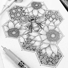 a drawing of a bee sitting on top of a flower and honeycomb with bees around it