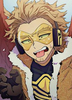 an anime character with headphones on and his mouth open, looking like he's listening to music